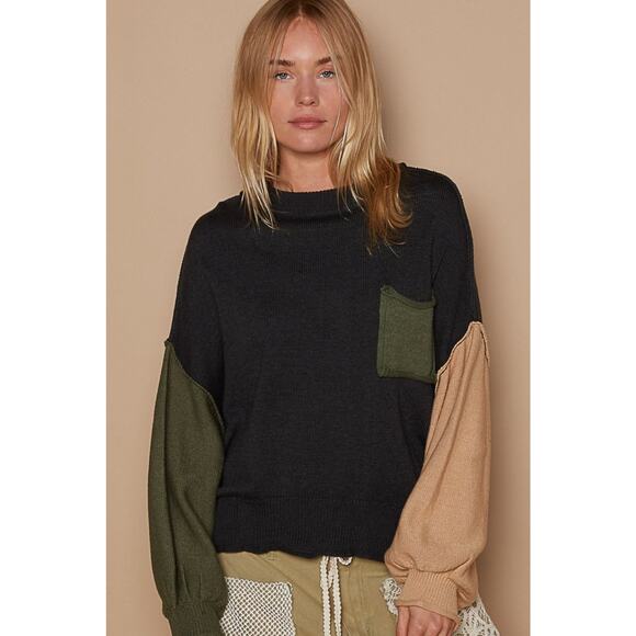 POL Color Block Round Neck Chest Pocket Roll Hem Hacci Pullover Sweater | Black - Picture 3 of 5